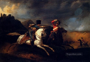 馬 Painting - 馬に乗った二人の兵士がホレス・ベルネと戦う